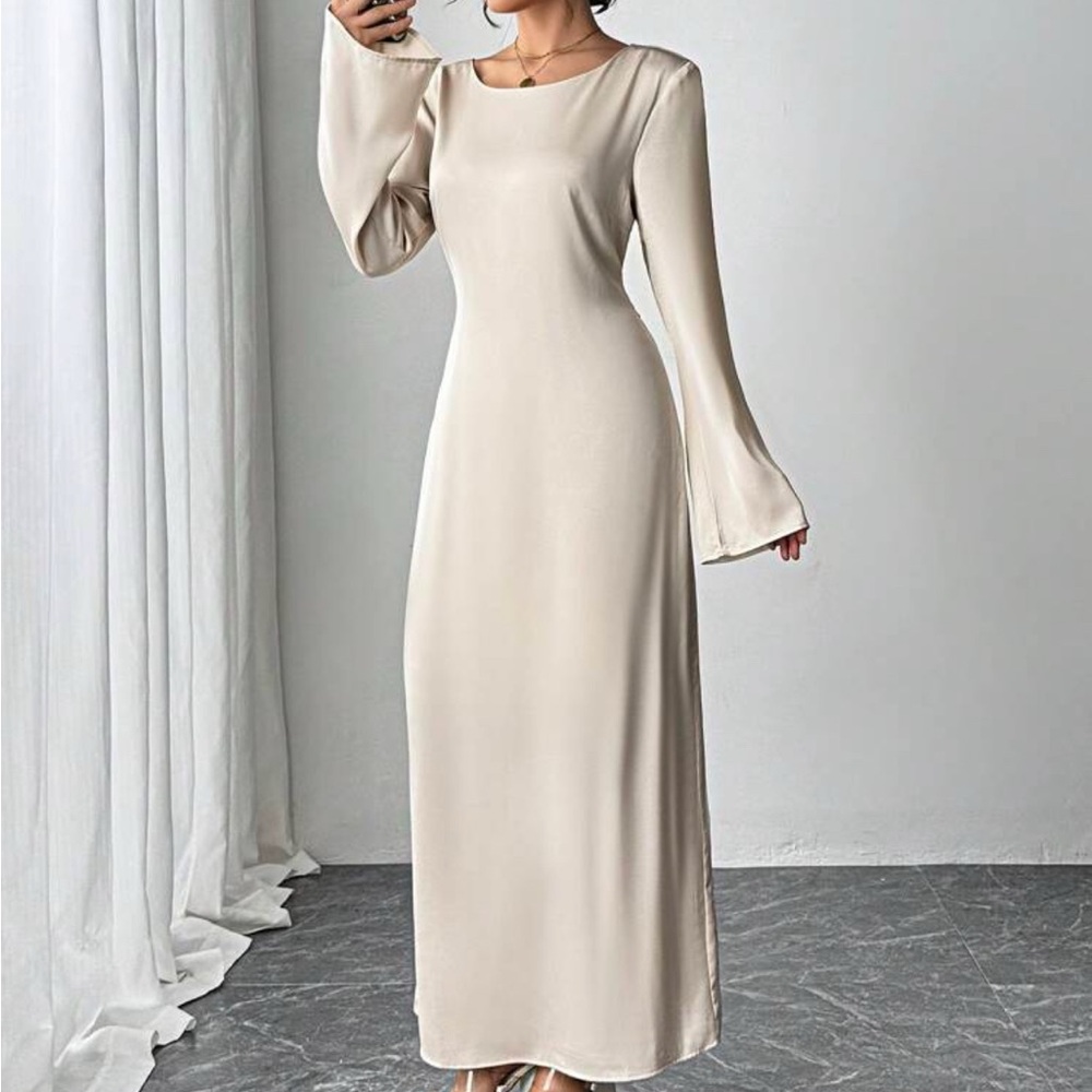 Satin Long Dress With Sleeves - Cream